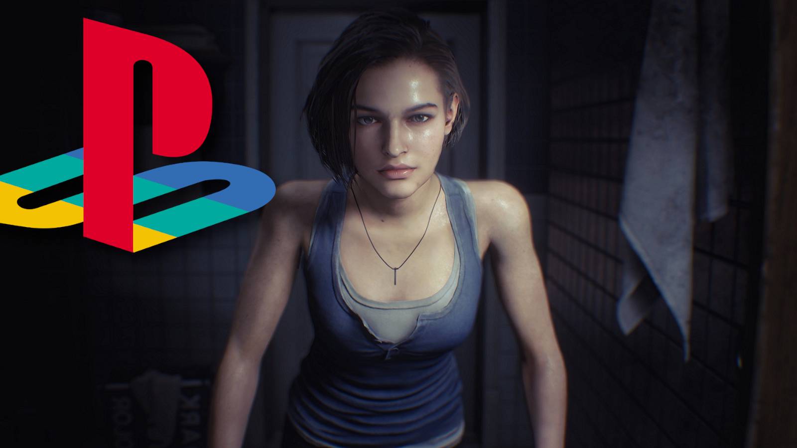 Image from Resident Evil 3 Remake showing Jill Valenine in front of the mirror with the PlayStation logo in the corner.