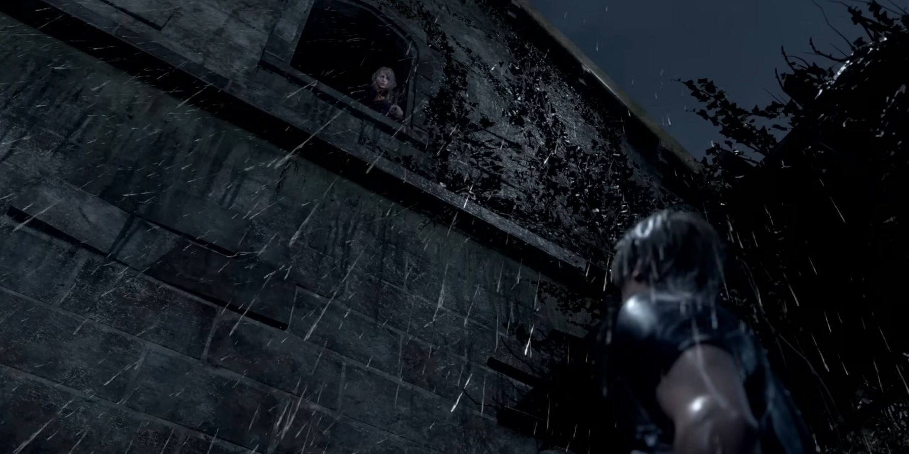 Image from the Resident Evil 4 Remake showing Ashley about to jump out of the window.