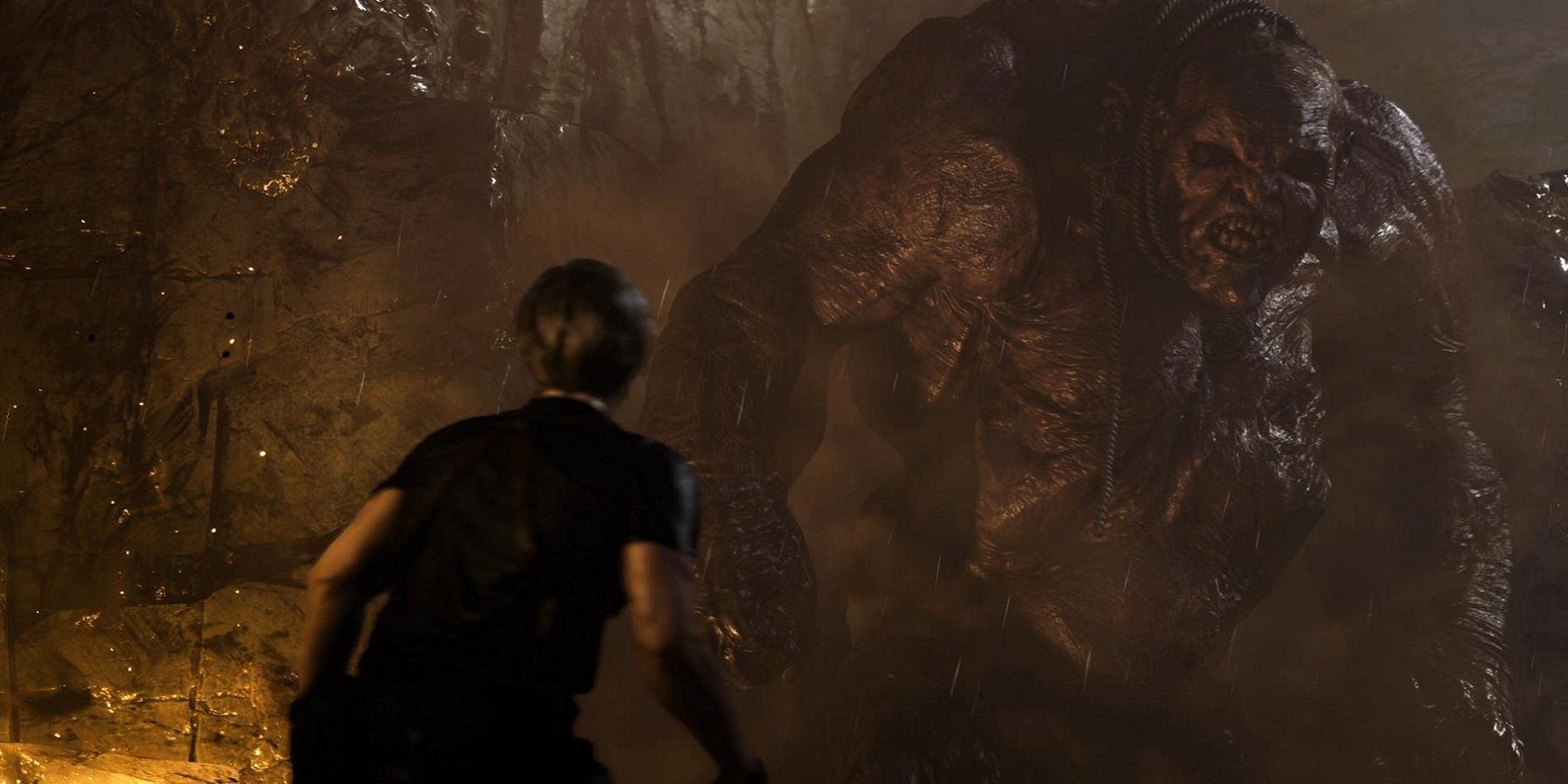 Hình ảnh từ bản làm lại của Resident Evil 4 cho thấy Leon Kennedy đối mặt với El Gigante.