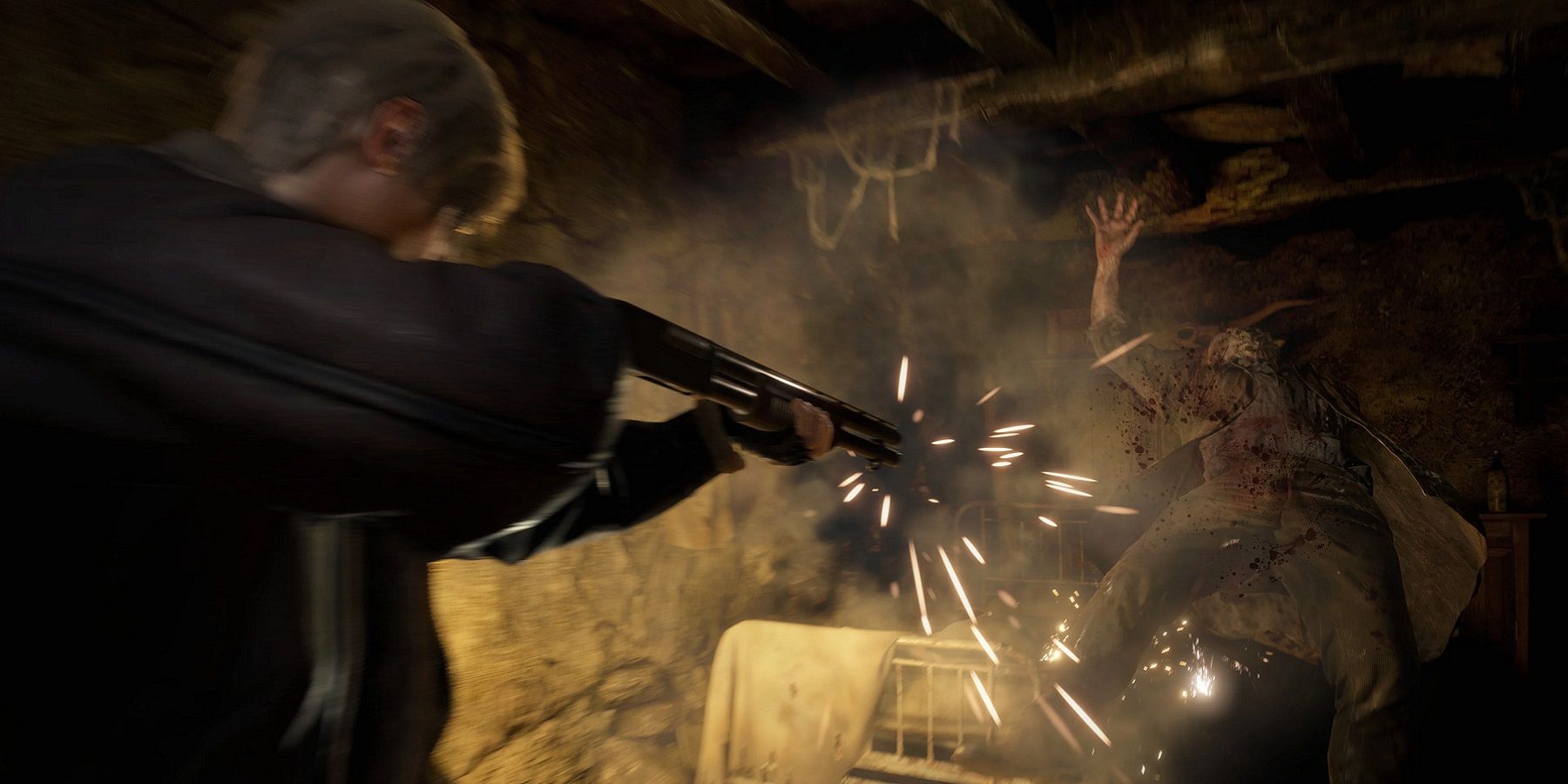 Image from Resident Evil 4 Remake showing Leon shooting at an infected villager.