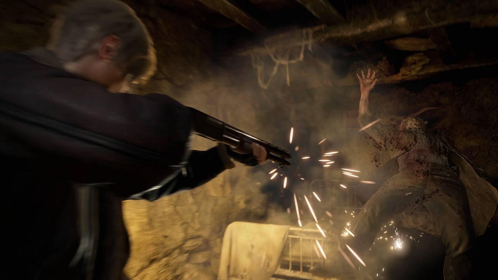 Image from Resident Evil 4 Remake showing Leon shooting at an infected villager.
