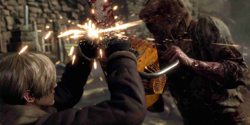 Image from the remake of Resident Evil 4 showing Leon Kennedy being attacked by the Chainsaw Man.