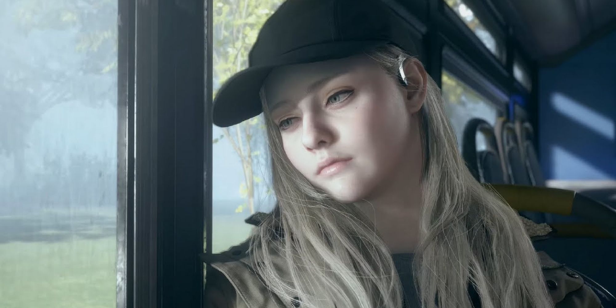 Rosemary adolescente olhando pela janela de um ônibus com uma expressão gelada em Resident Evil Village