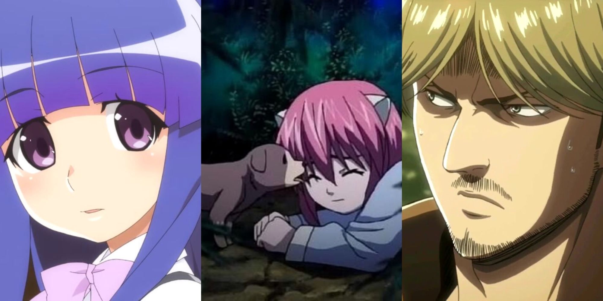 Rika Furude in Higurashi When They Cry, puppy and Lucy in Elfen Lied, Mike Zacharias in Attack On Titan