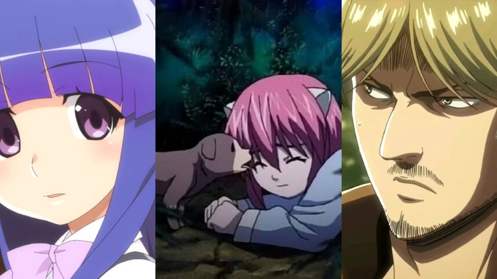 Rika Furude in Higurashi When They Cry, puppy and Lucy in Elfen Lied, Mike Zacharias in Attack On Titan