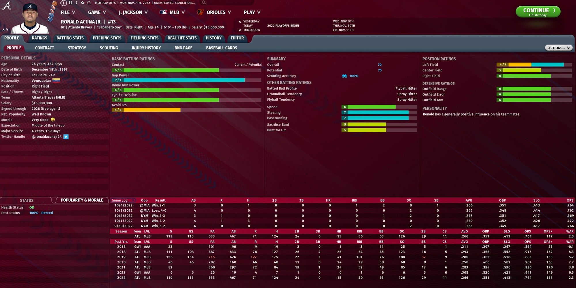 Player profile of Ronald Acuna Jr. in OOTP 2023