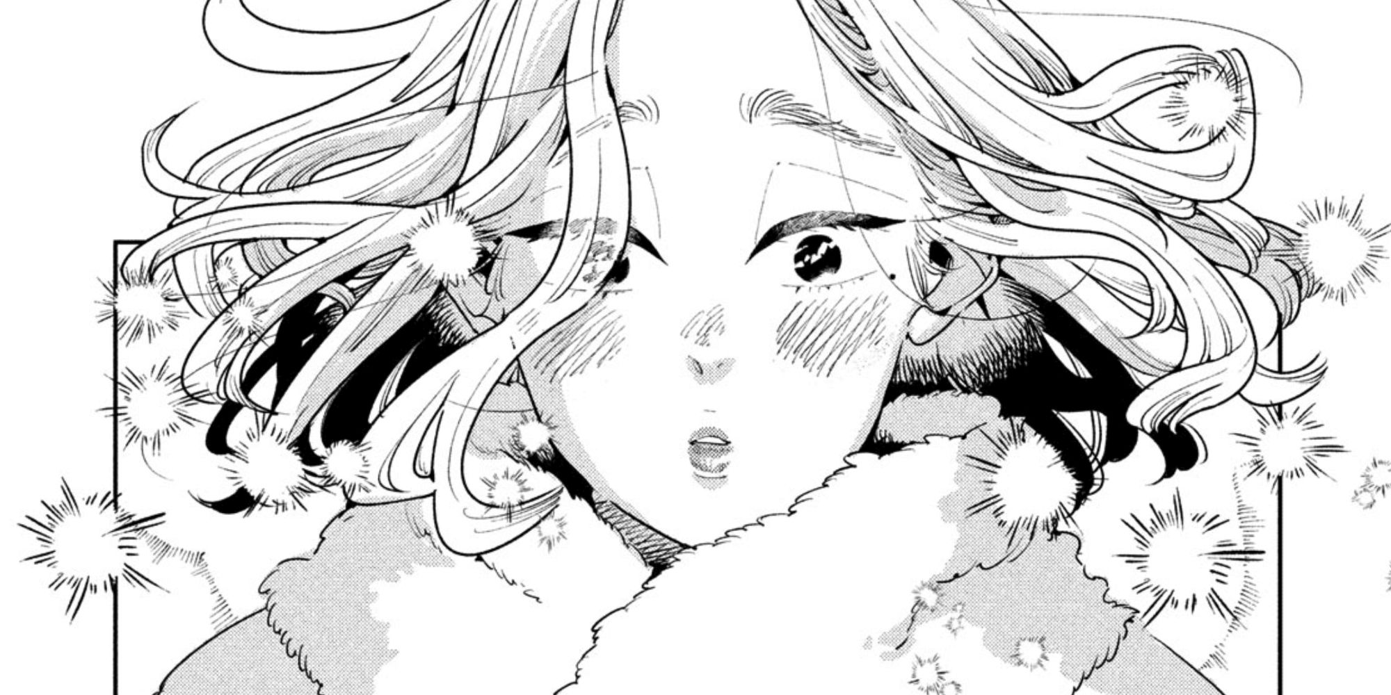 (Manga, drawn) black and white image of a young girl with bobbed hair, she is cold