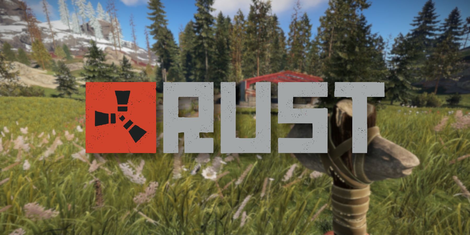 Le logo Rust avec une image du jeu montrant le joueur dans un champ tenant une hache en pierre.