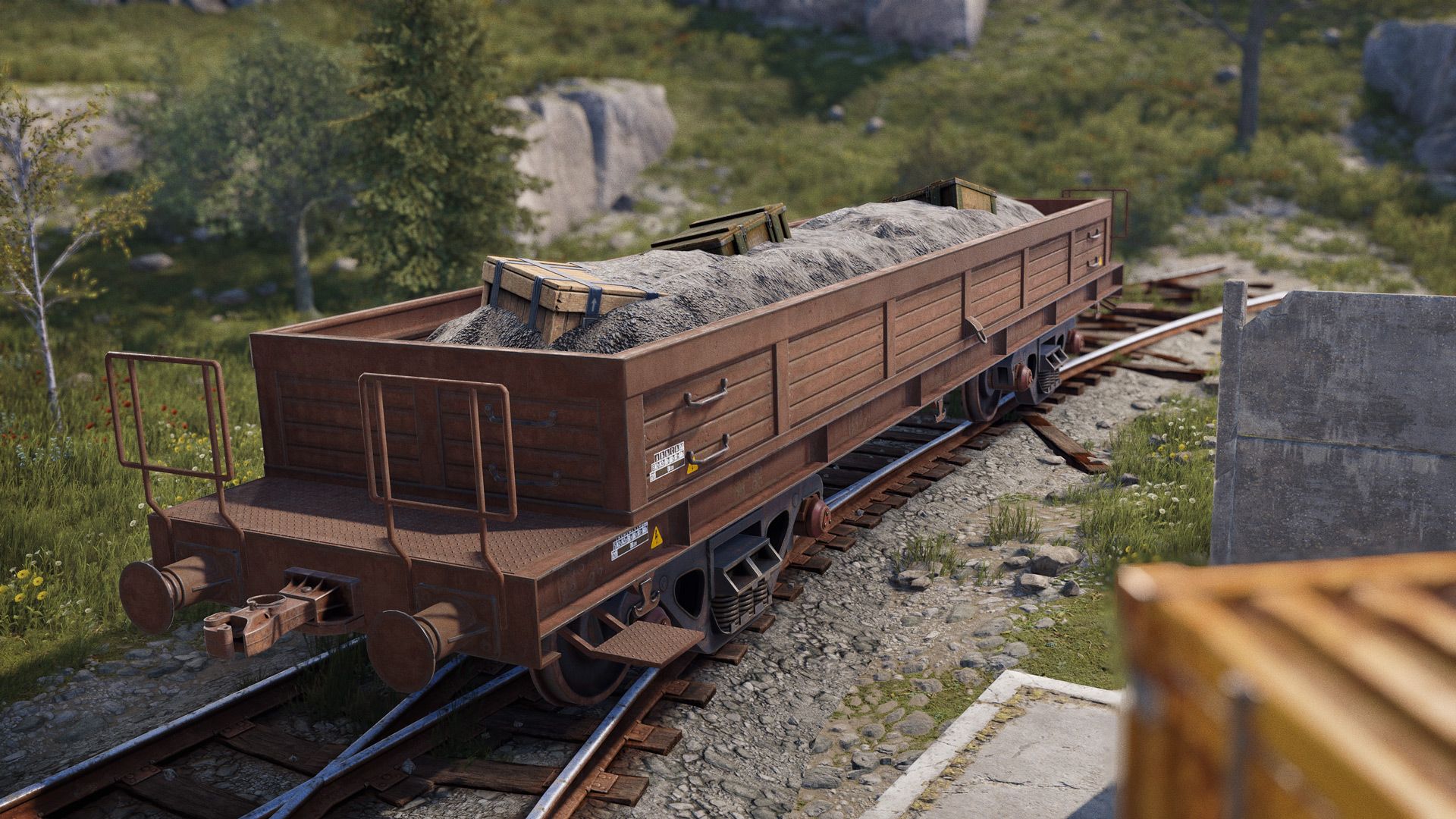 Image from Rust showing a train wagon with some crates inside.