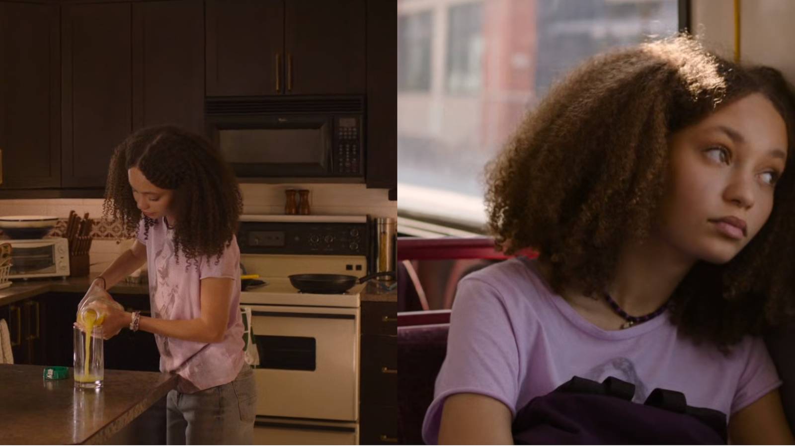 Split feature image showing Sarah Miller pouring juice and in the bus in The Last of Us