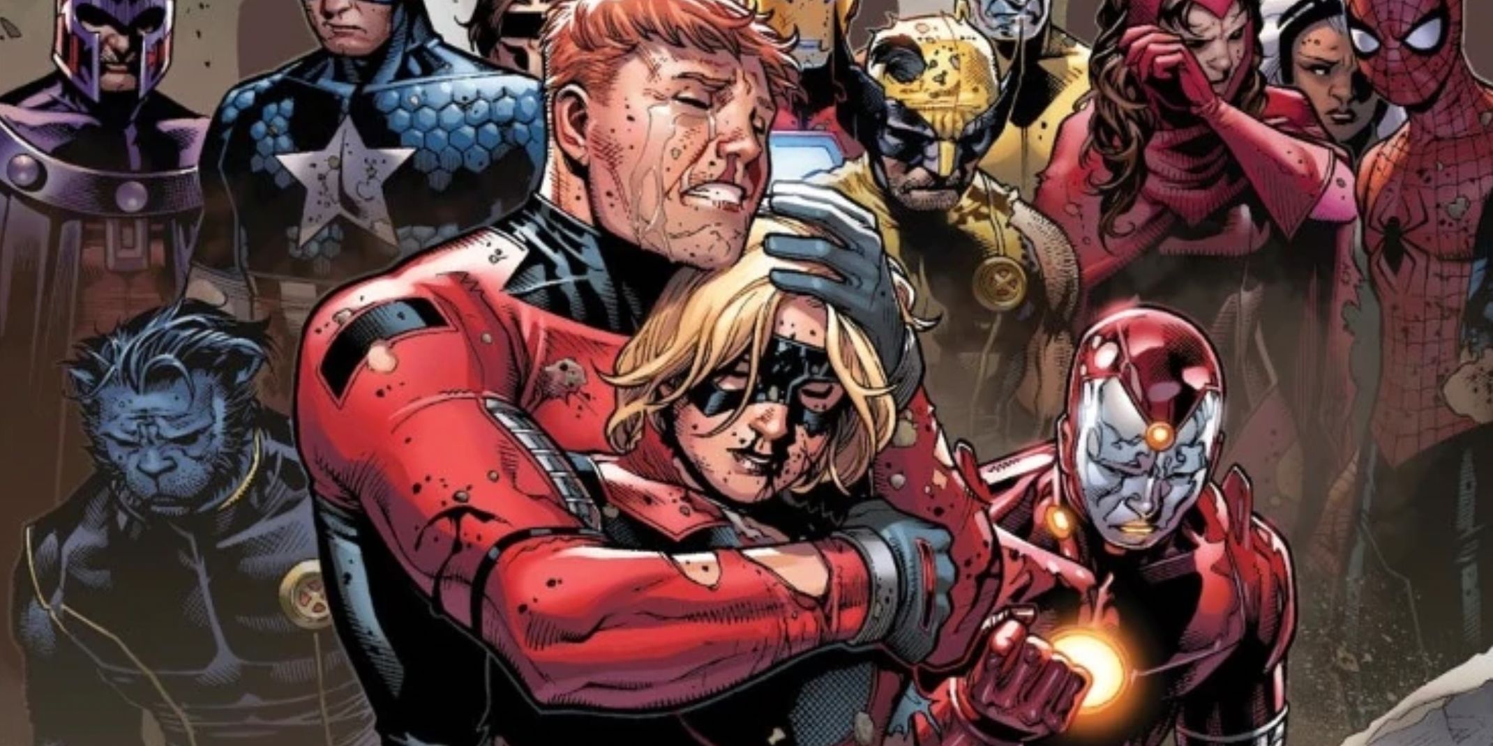 Scott Lang holds a dying Cassie Lang while other heroes look on in Marvel Comics