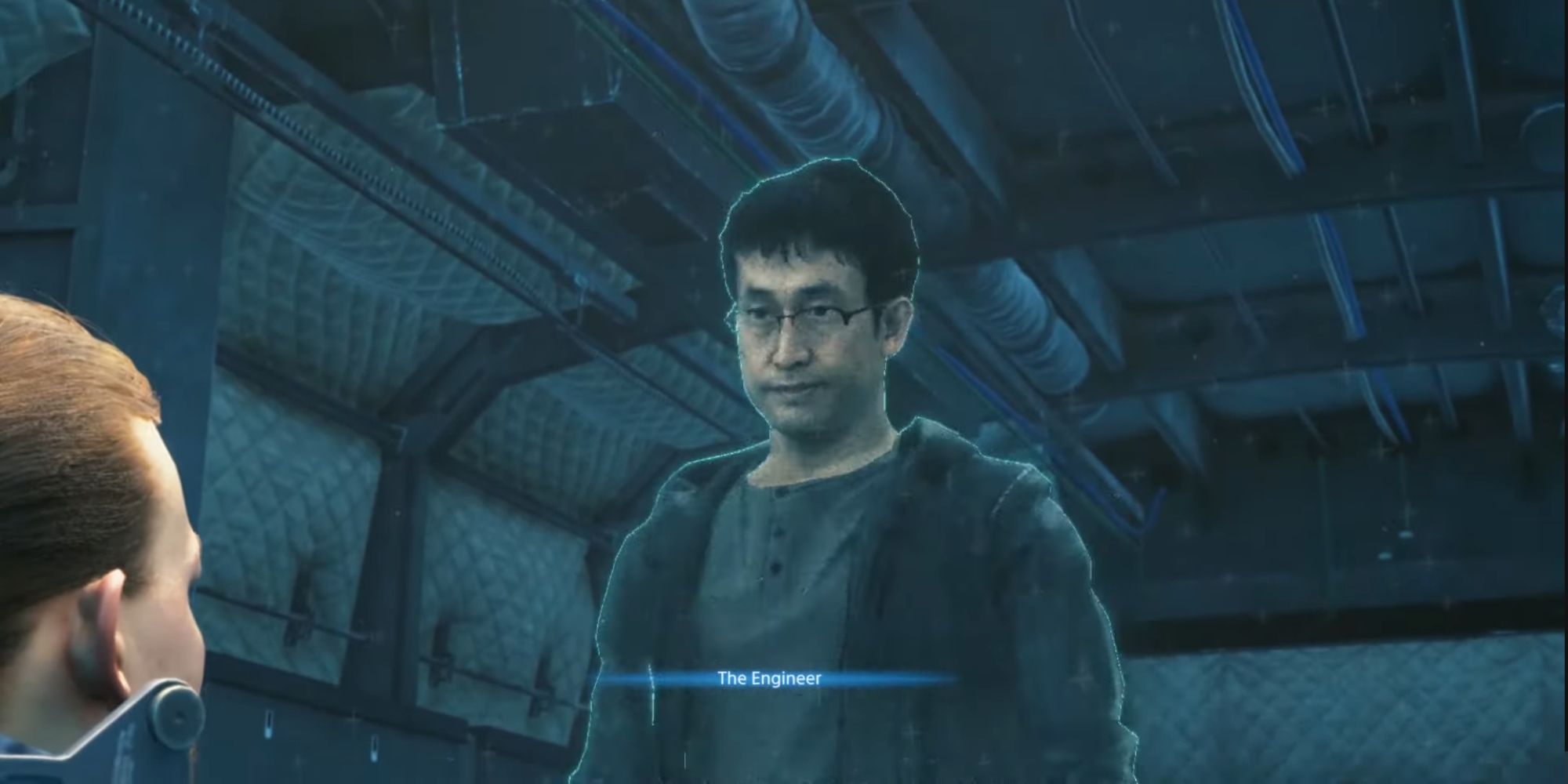 Junji Ito's character, The Engineer, as he appears in Death Stranding