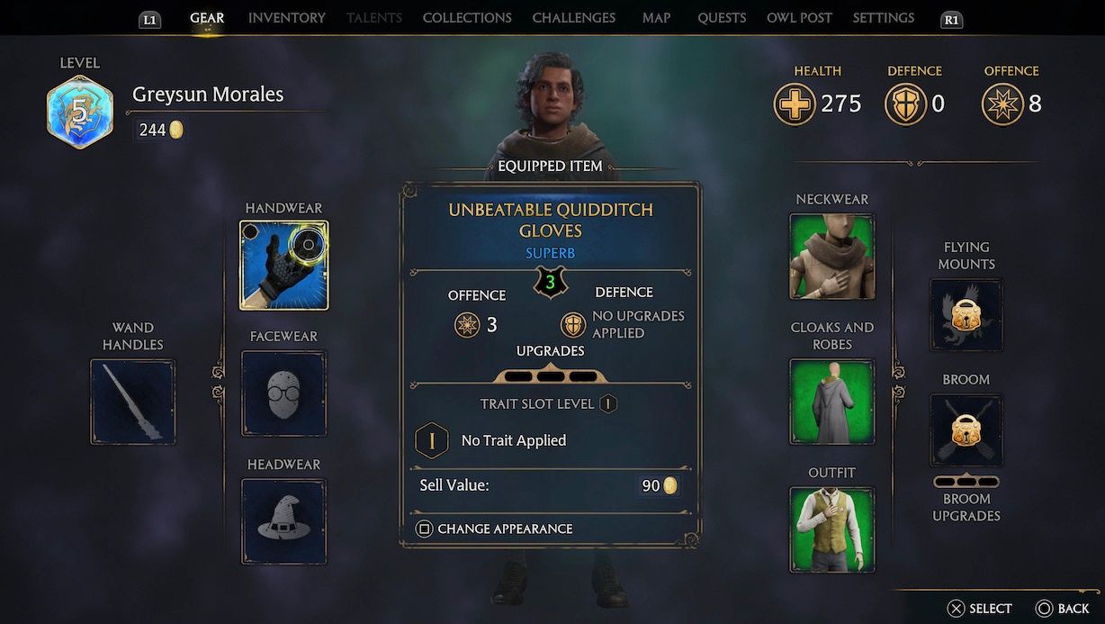 hogwarts legacy unbeatable quidditch gloves menu gear