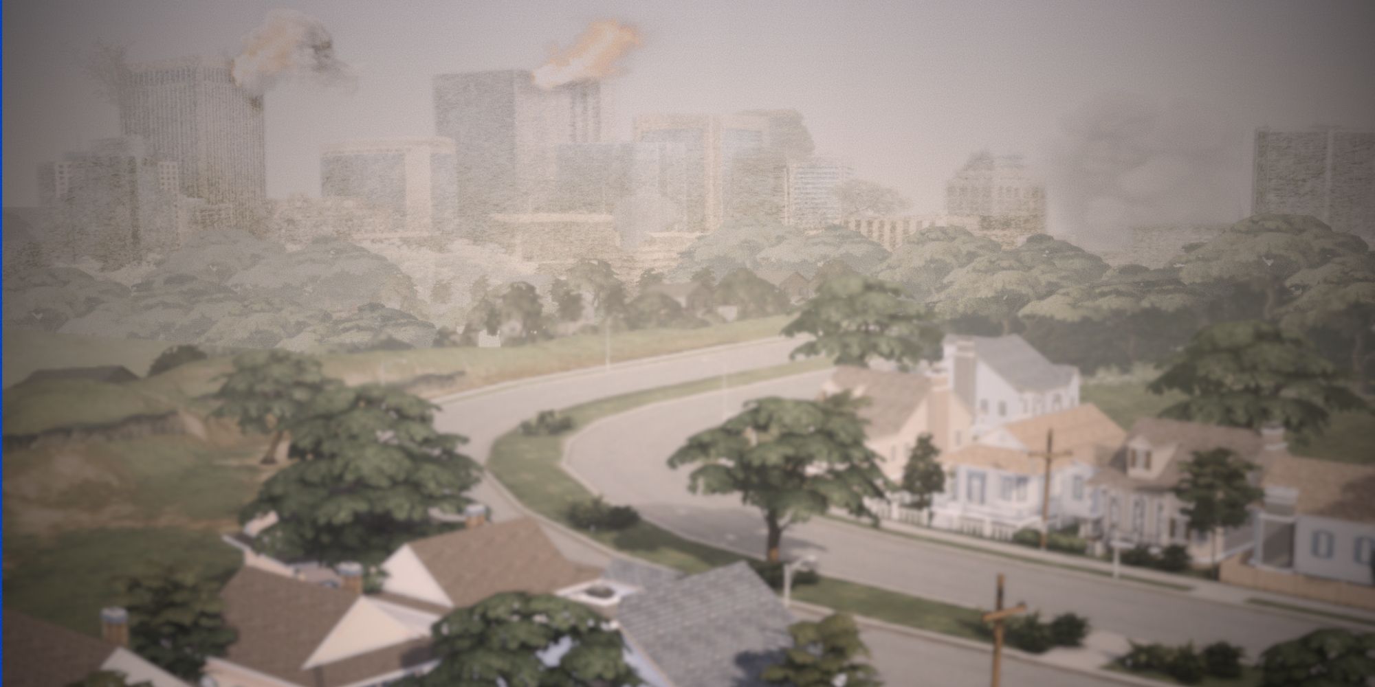 Aerial view of Willow Creek with Bakie's apocalyptic skyline mod installed, showing burning buildings