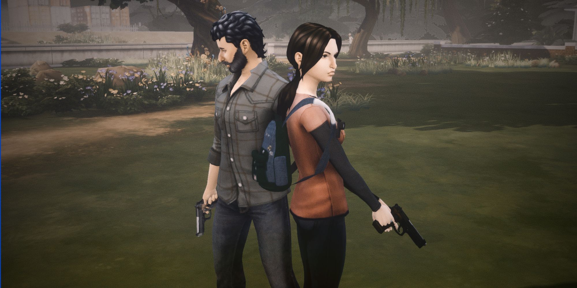 Sims of Joel and Ellie wearing the CC by Cantransimmer holding handguns