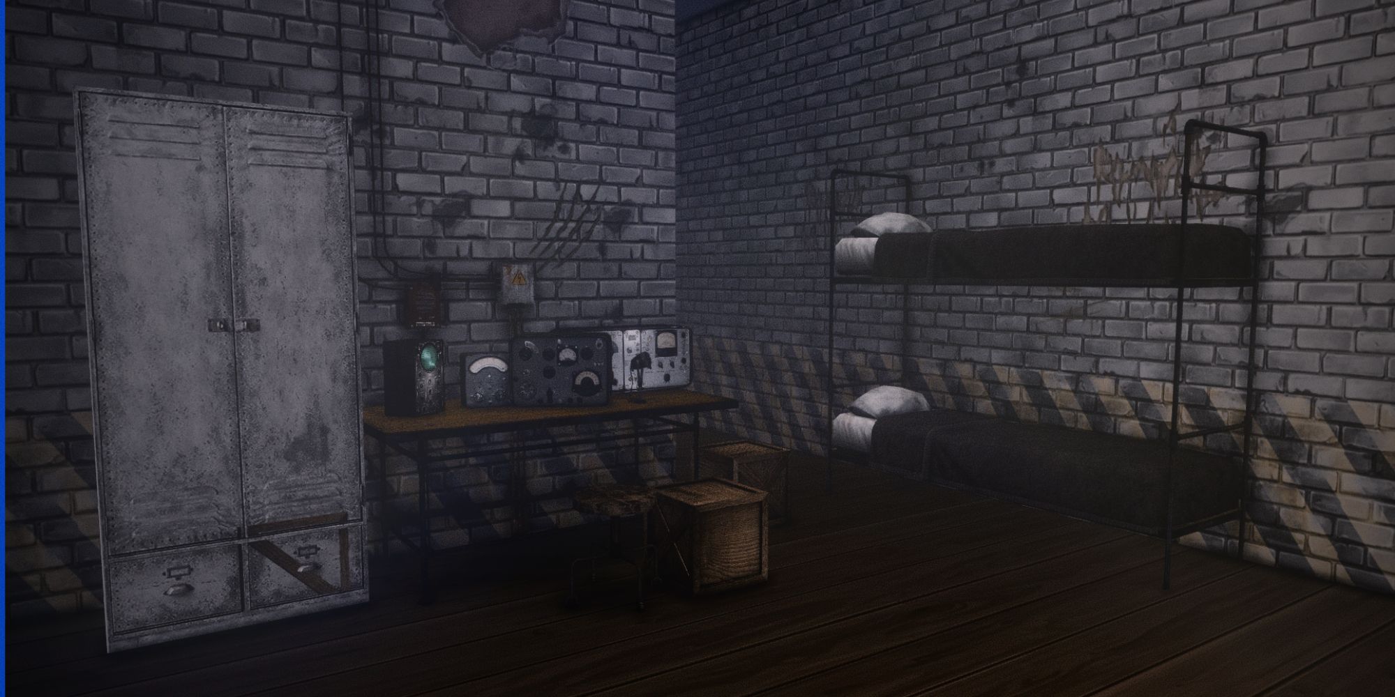 Bunker room showing off Severinka's CC, including a locker, radio, table, and bunk bed set up.