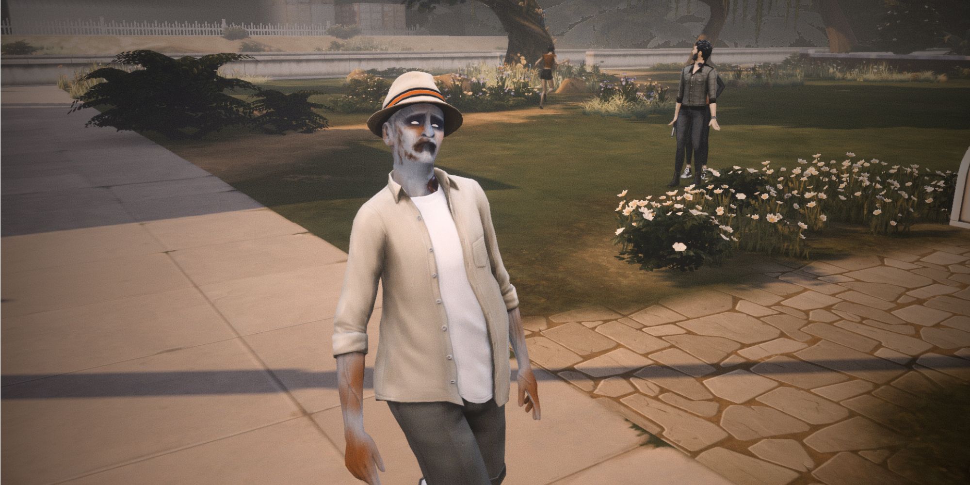 A zombie walking past Joel in The Sims 4