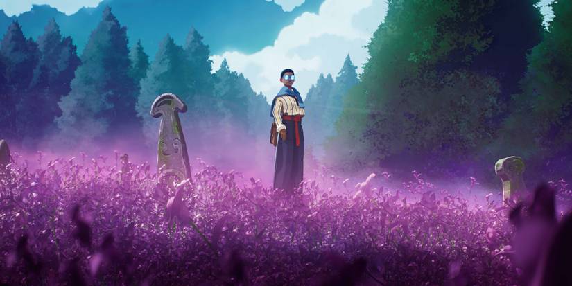 The protagonist of Season A Letter To The Future standing in a field of pink flowers