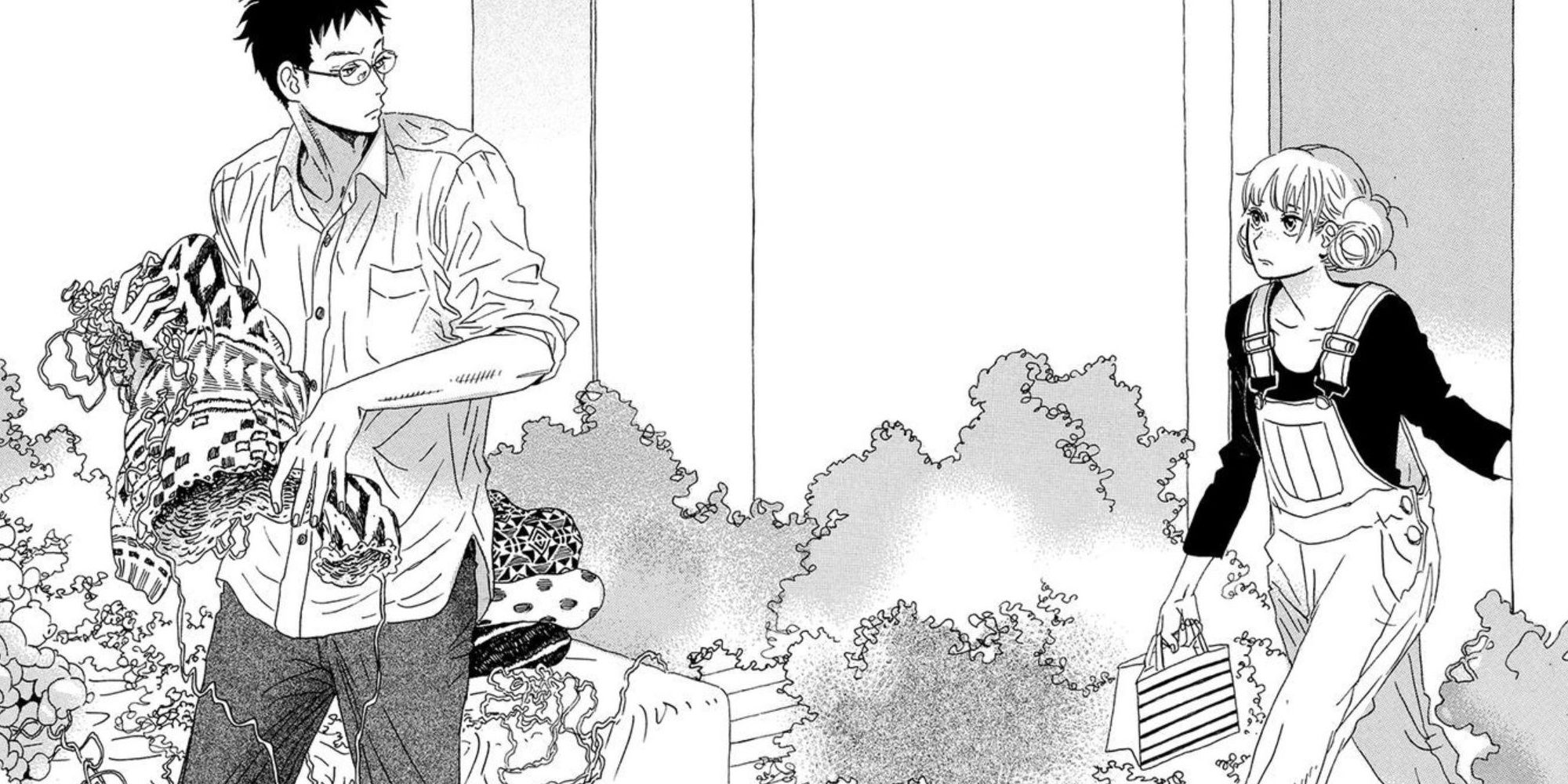Sekine holding a partially frogged knitted sweater while Kisaragi chases him