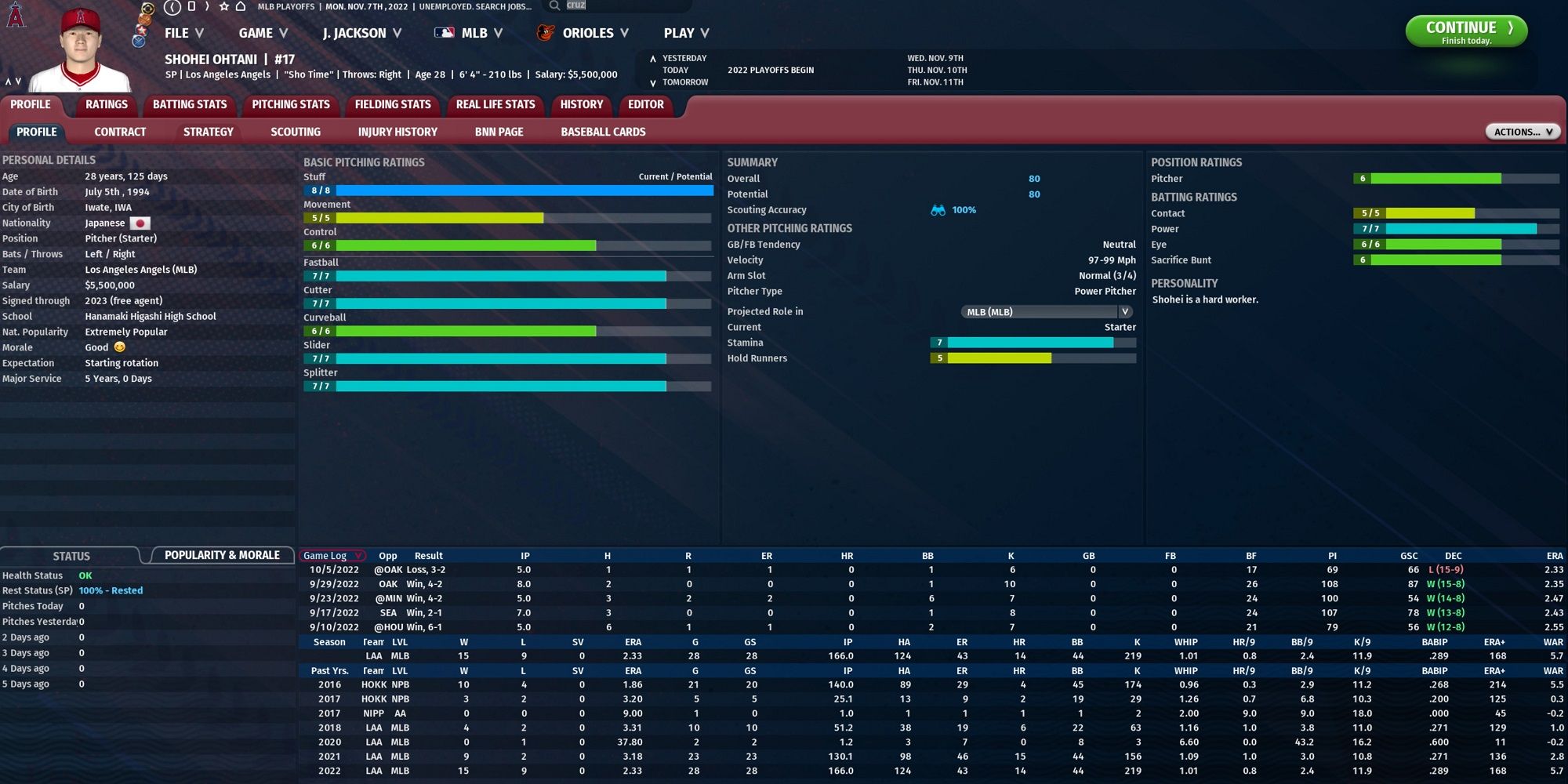 Player profile of Shohei Ohtani in OOTP 23