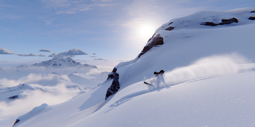 snowboarder carving snow in the mountain