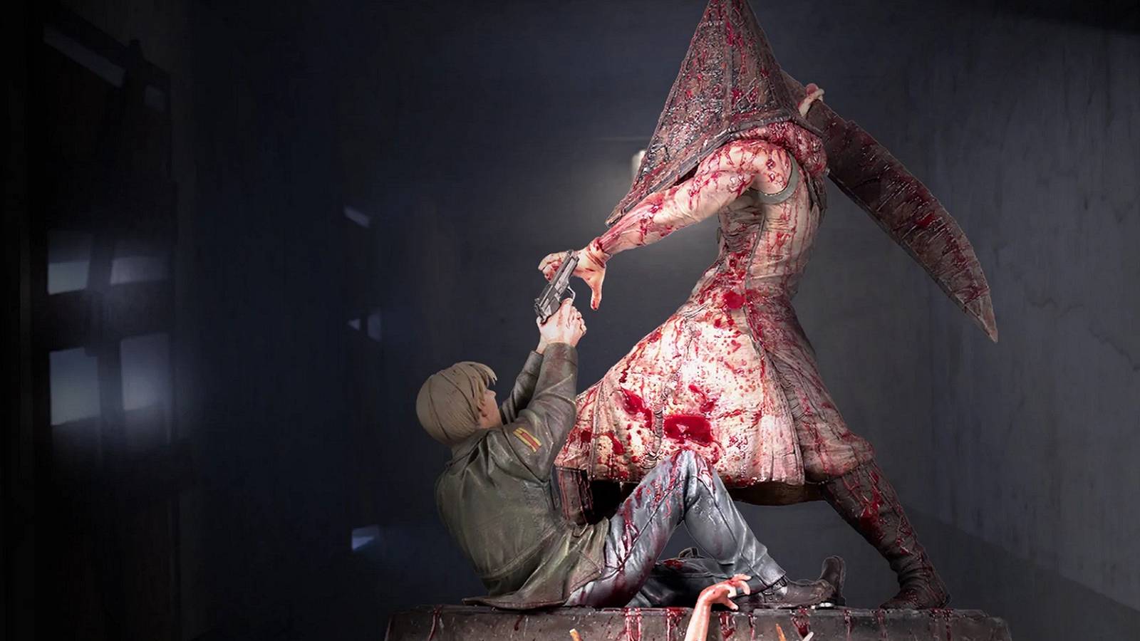 Image of a Silent Hill 2 statue showing James Sunderland fighting Pyramid Head.