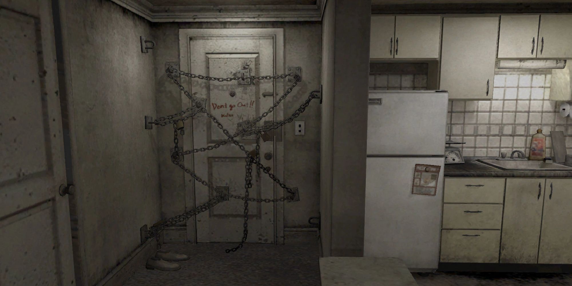 A screenshot of Henry's apartment, including the chained up door, in Silent Hill 4