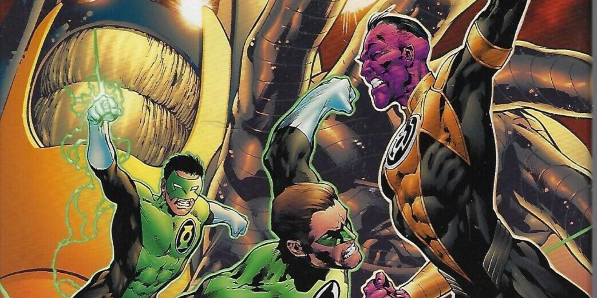 Two Green Lanterns fighting Sinestro in a comic cover