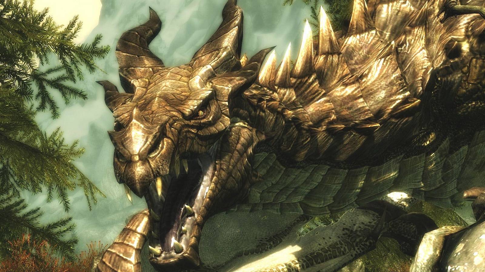 Close-up image of a brown dragon from Skyrim.