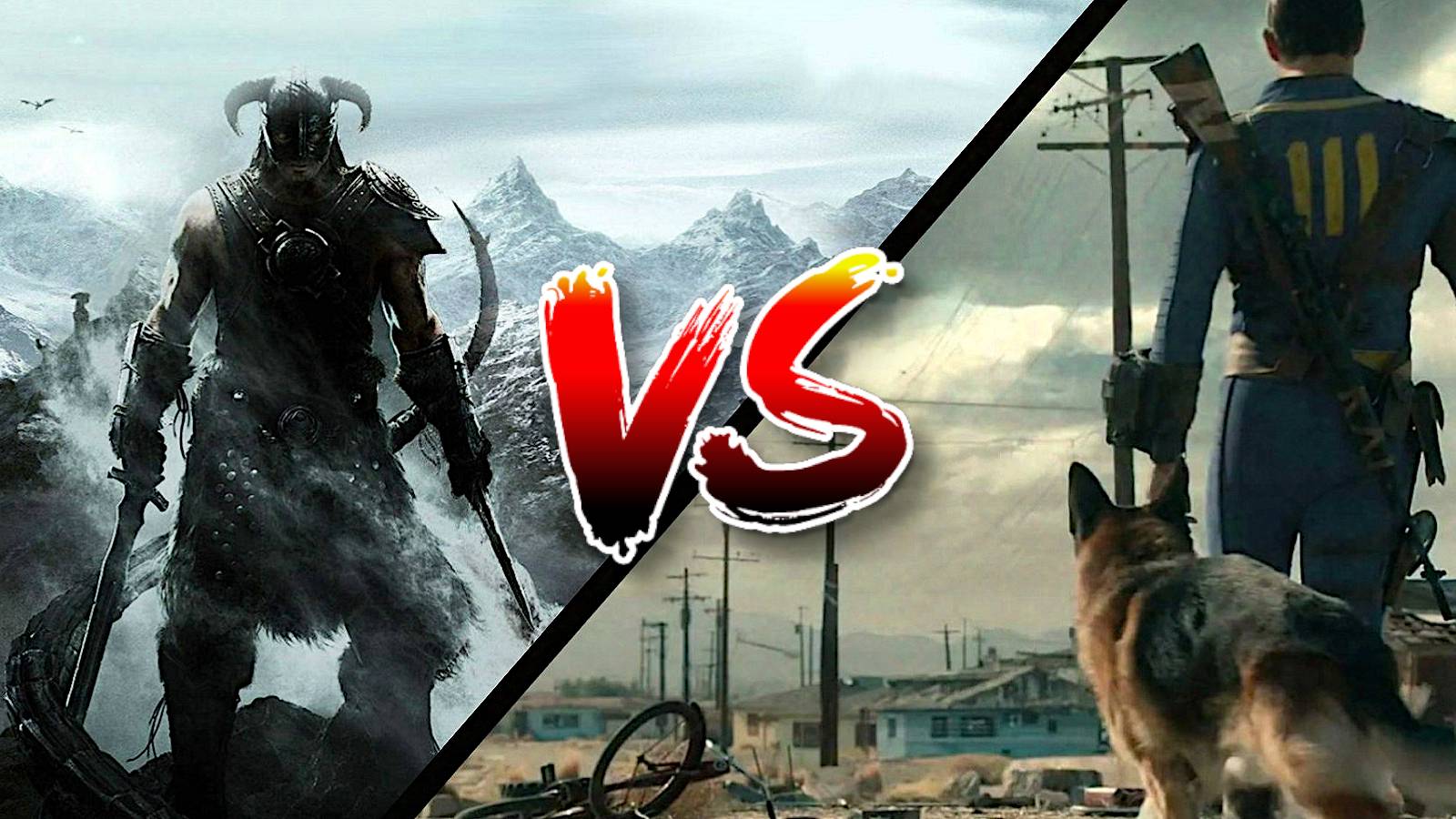 A split image showing the Dragonborn from Skyrim and the Sole Survivor from Fallout 4.