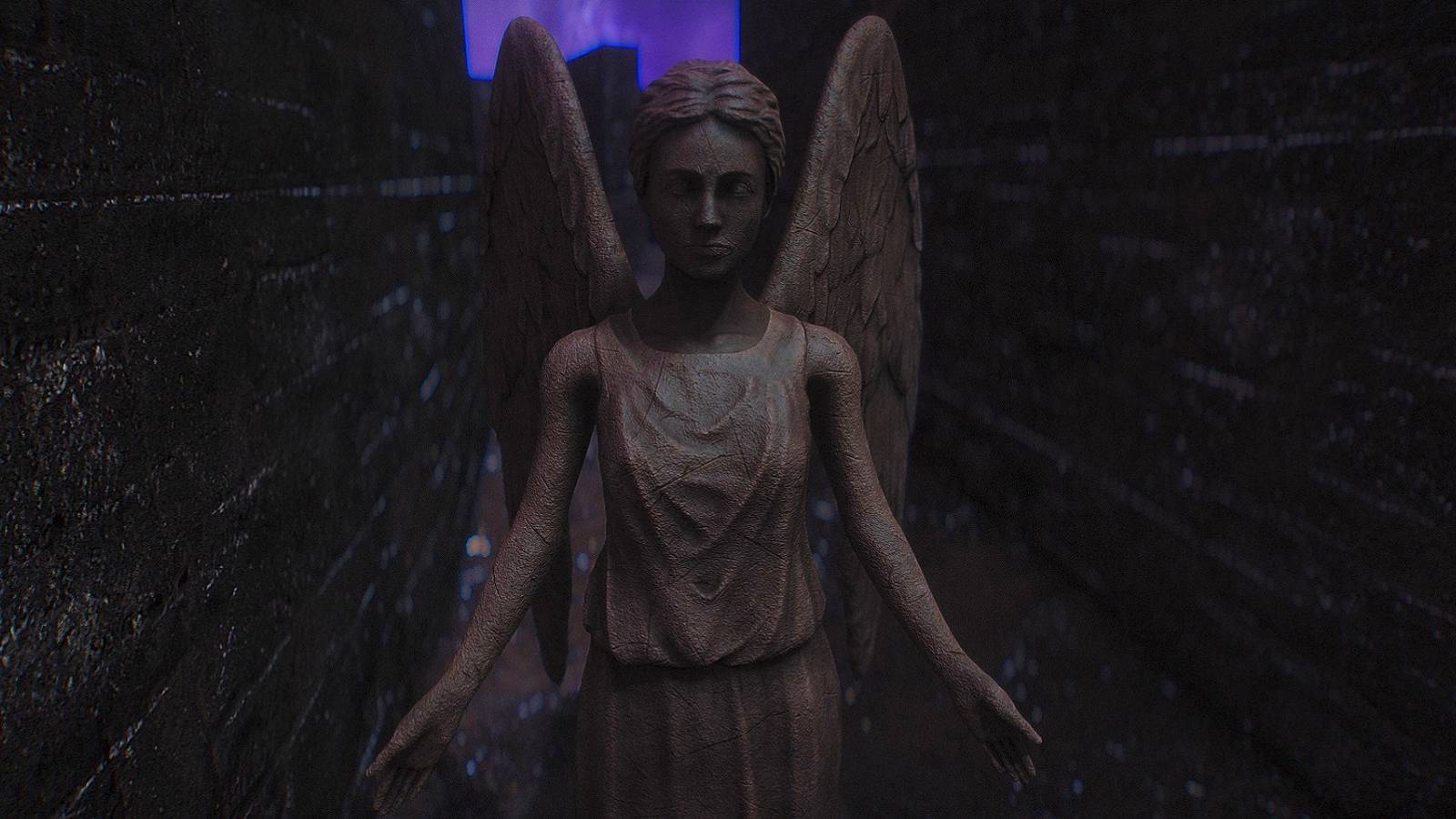 Image from Skyrim showing a close-up of a Doctor Who Weeping Angel statue.