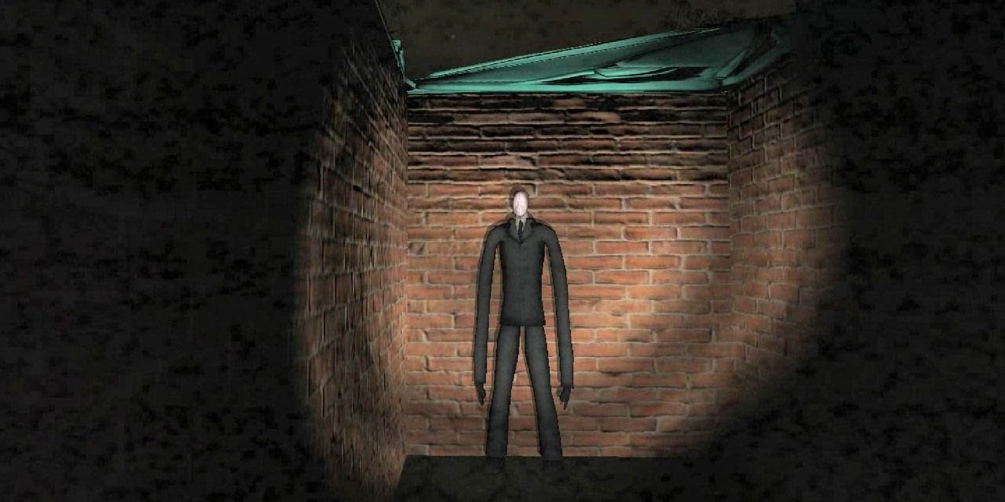 The Slender Man is his trademark suit, facing the player as their screen grows with static.