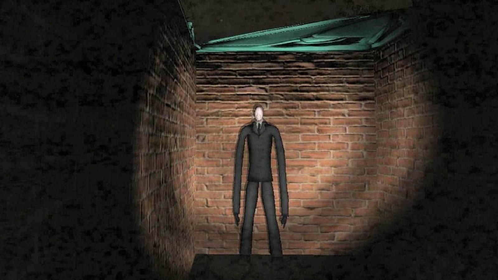 The Slender Man is his trademark suit, facing the player as their screen grows with static.