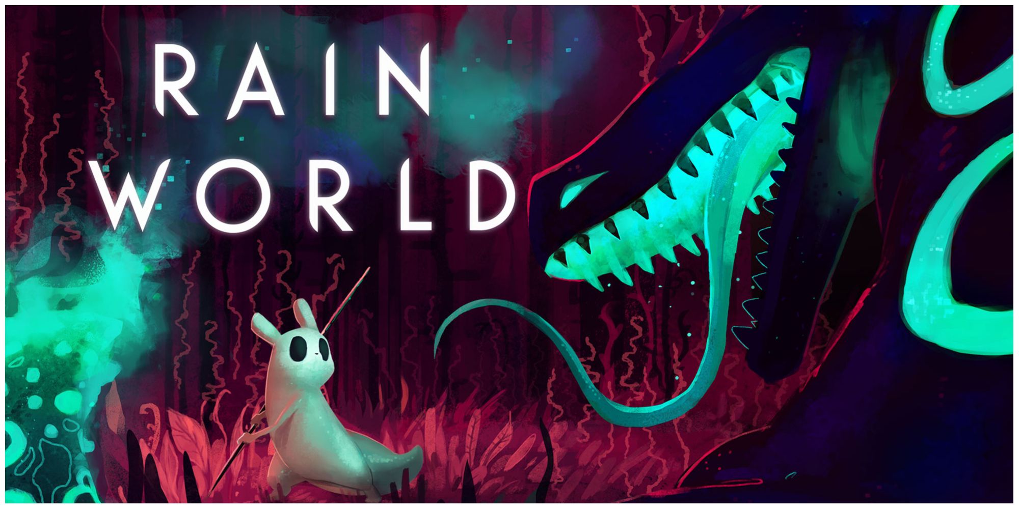 Slugcat and Cyan Lizard in Rain World