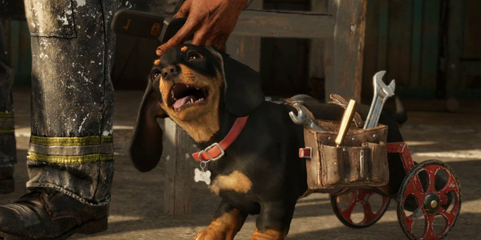Small And Adorable Dark Puppy With Attached Wheels Carrying Tools In Far Cry 6