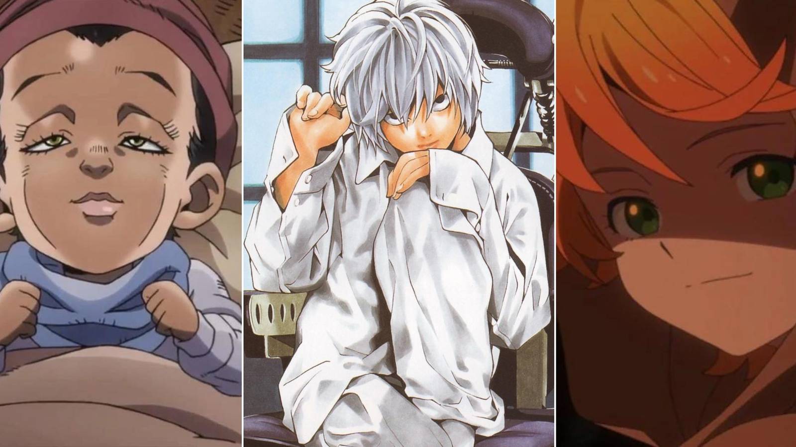 split image of manniesh boy from jojo part 3, near from death note, and emma from the promised nerverland
