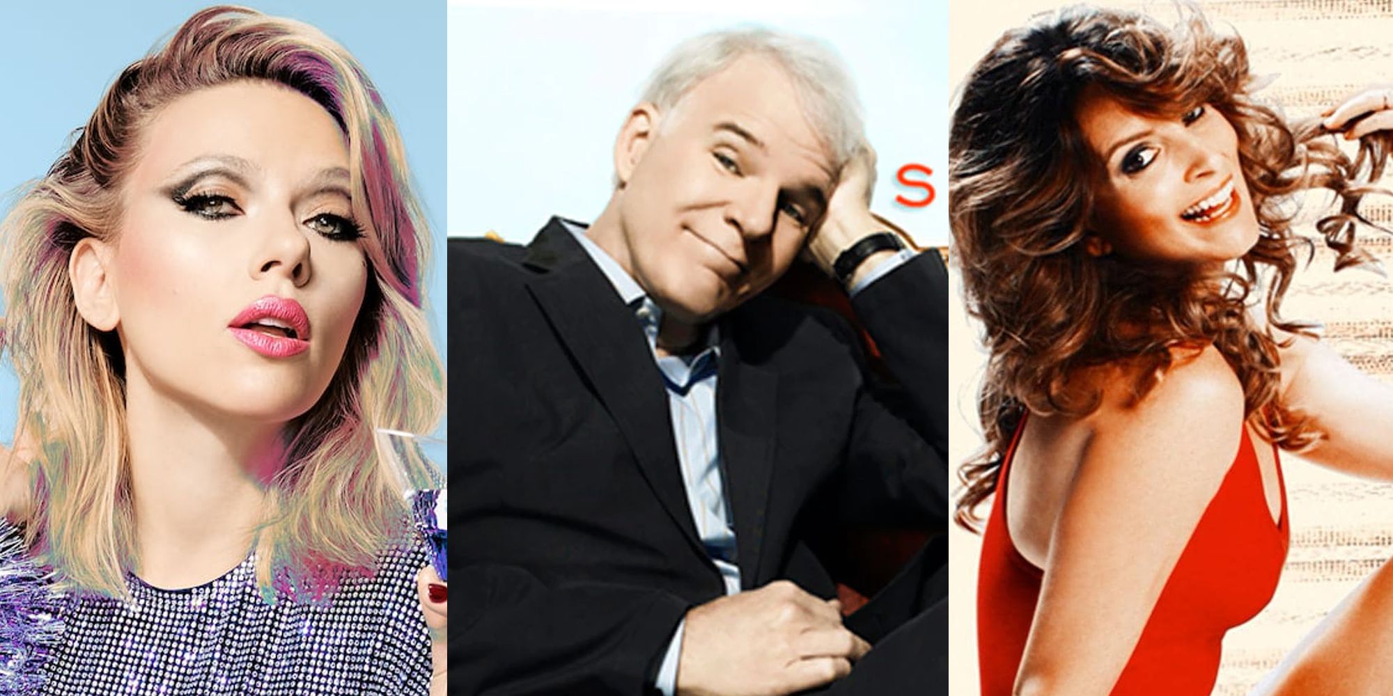Scarlett Johansson in a title card for SNL; Steve Martin in a title card for SNL; Tina Fey in a title card for SNL