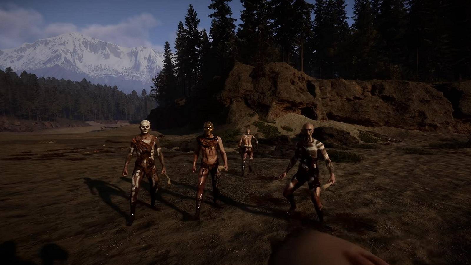 Image from Sons of the Forest showing a bunch of cannibals approaching the player.