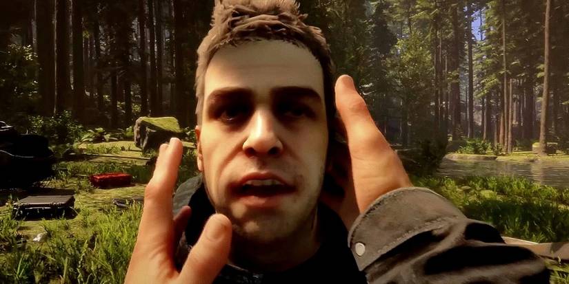 Image from Sons of the Forest showing the player holding Kelvin by the head.