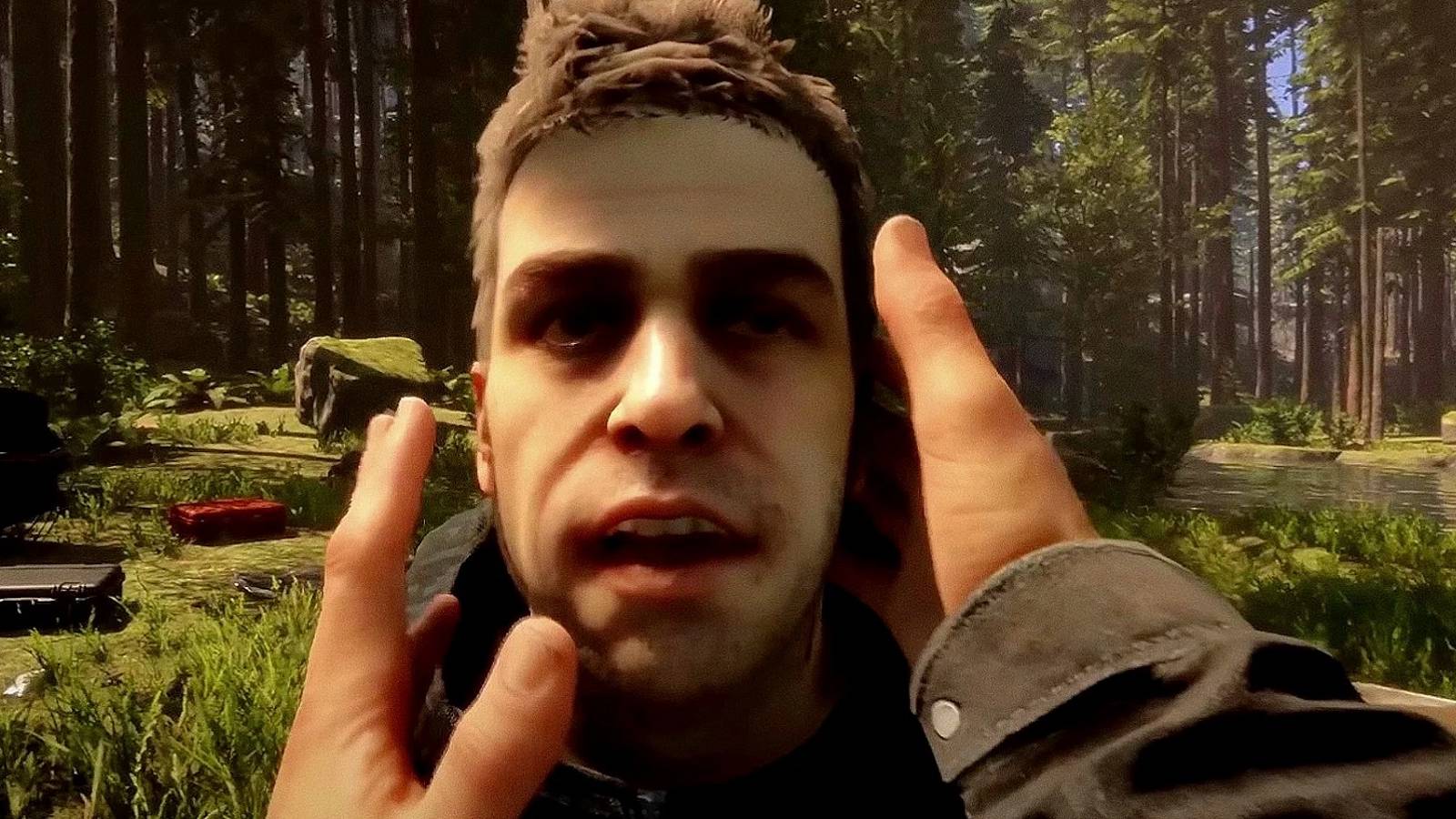 Image from Sons of the Forest showing the player holding Kelvin by the head.