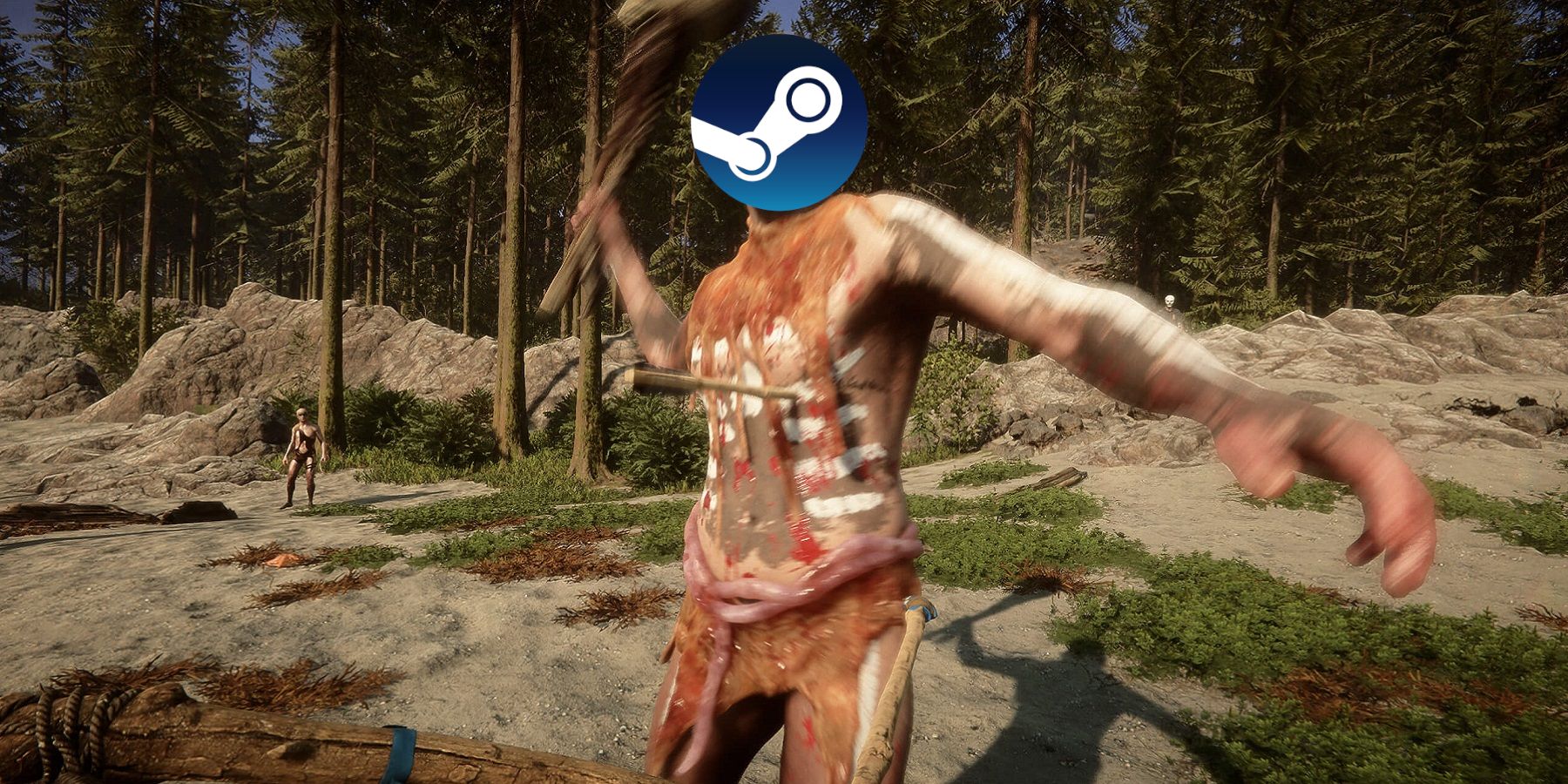 Image from Sons of the Forest showing one of the cannibals has the Steam logo instead of a head.