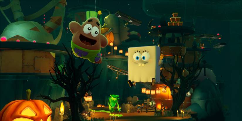 SpongeBob wearing a ghost costume in a Halloween area in SpongeBob SquarePants: The Cosmic Shake