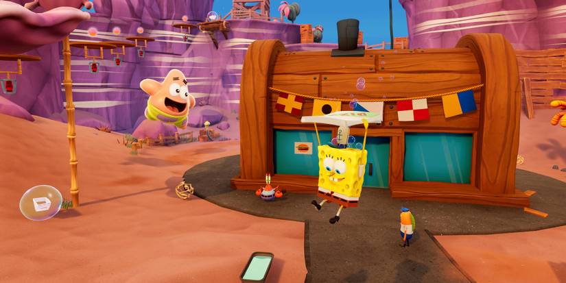 SpongeBob hovering using his pizza box in SpongeBob SquarePants: The Cosmic Shake