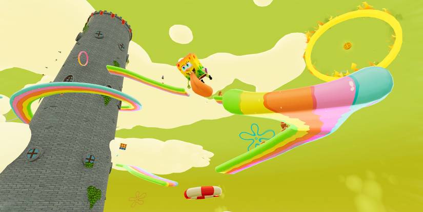 A rainbow SpongeBob using his tongue to slide down a rainbow in SpongeBob SquarePants: The Cosmic Shake