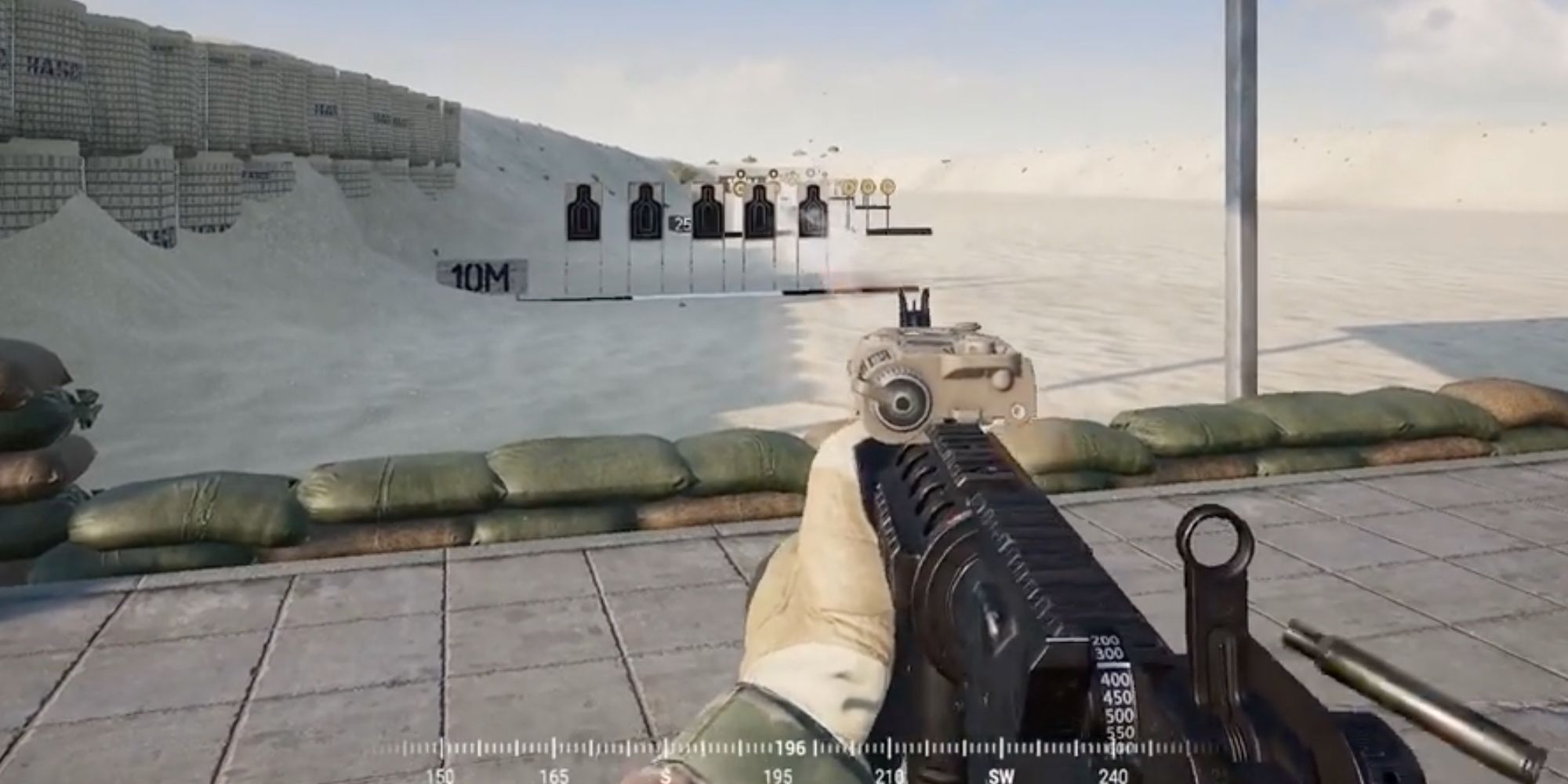 Player shoots enemies in semi-automatic mode to save ammo