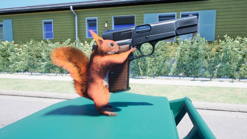 squirrel gun handgun trash can neighborhood