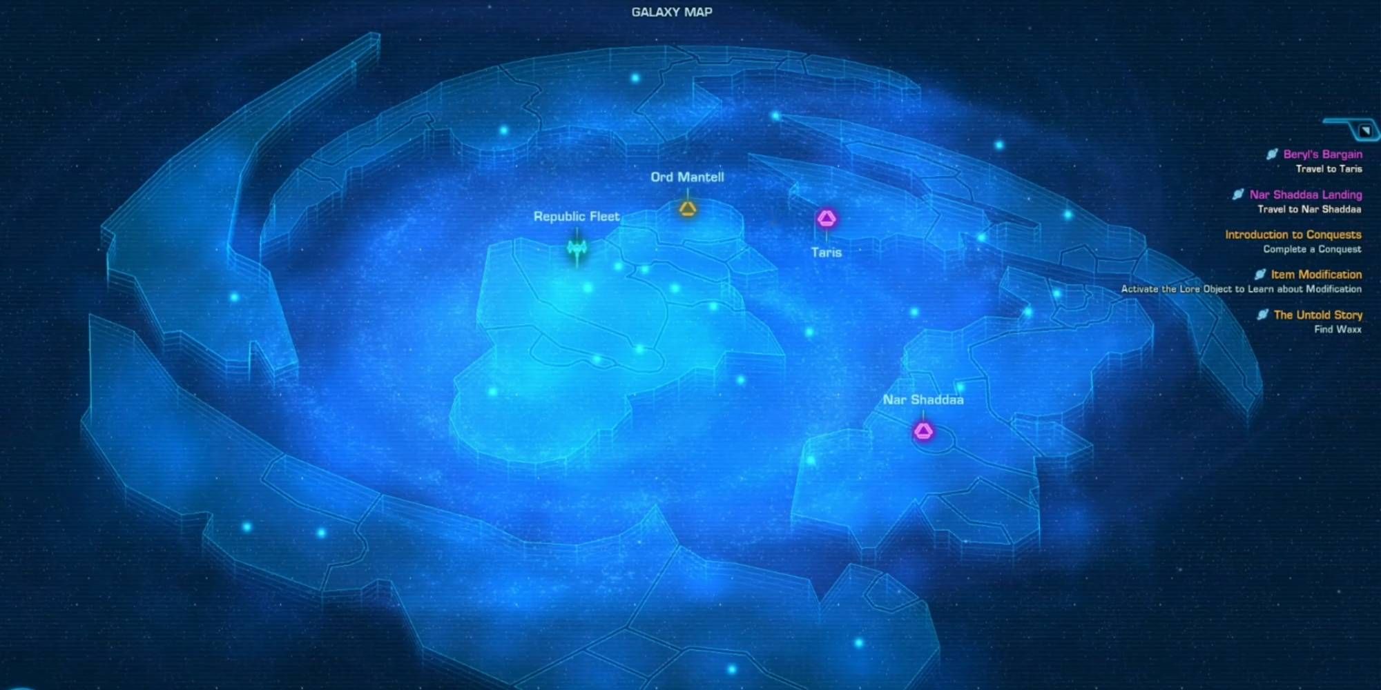 Galaxy map showing Ord Mantell, the Republic Fleet, and Taris