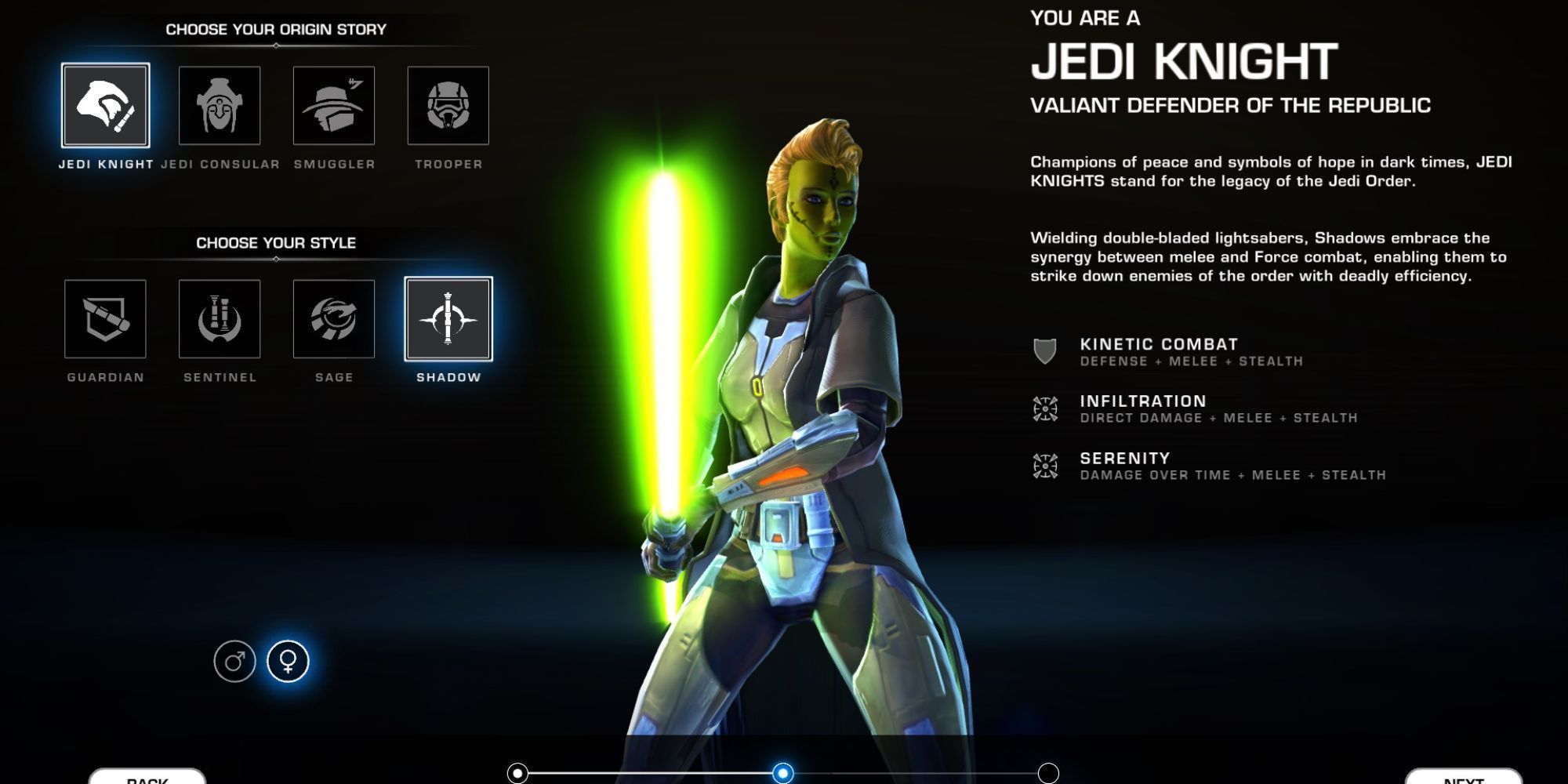 A player selecting to play as a Jedi Knight in Star Wars: The Old Republic