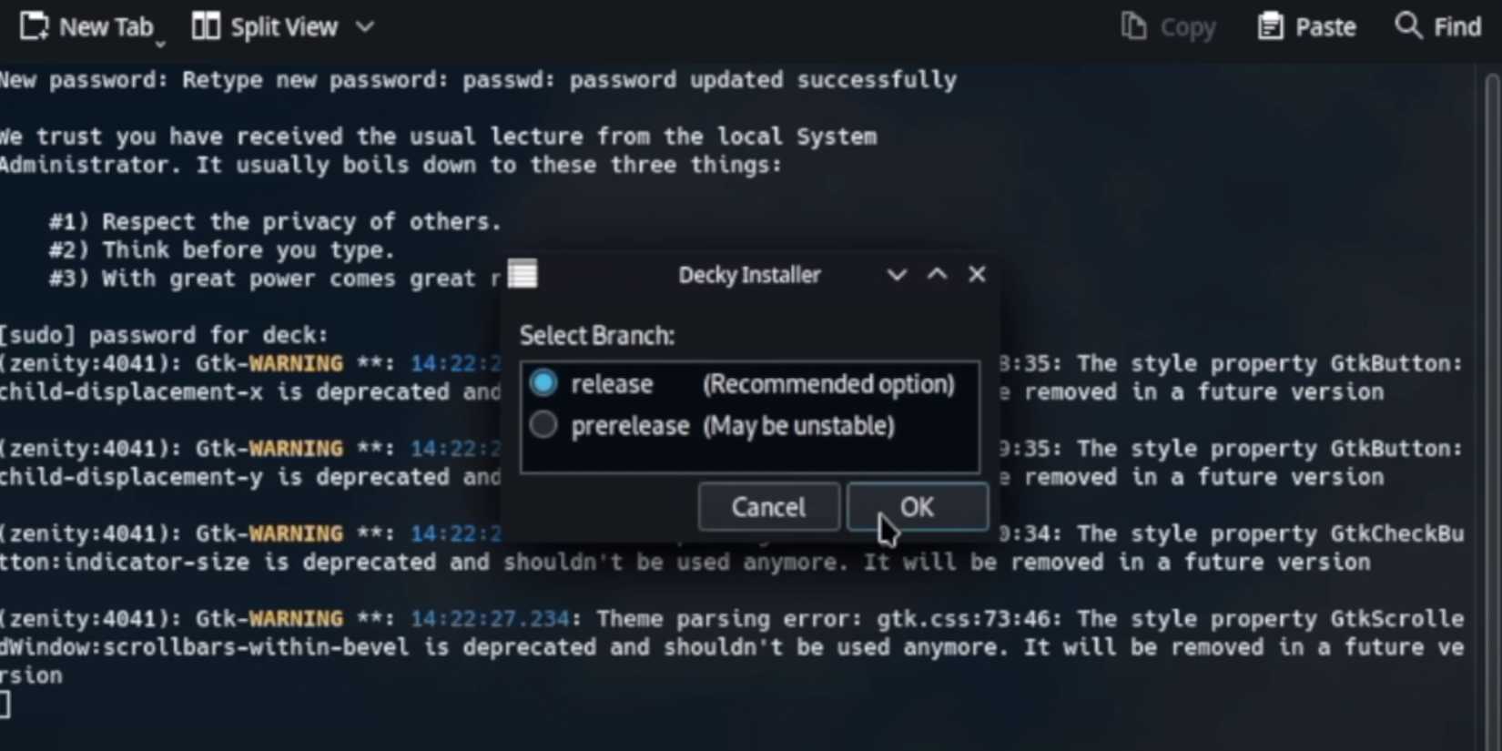 Steam Deck decky loader install prompt recommended settings