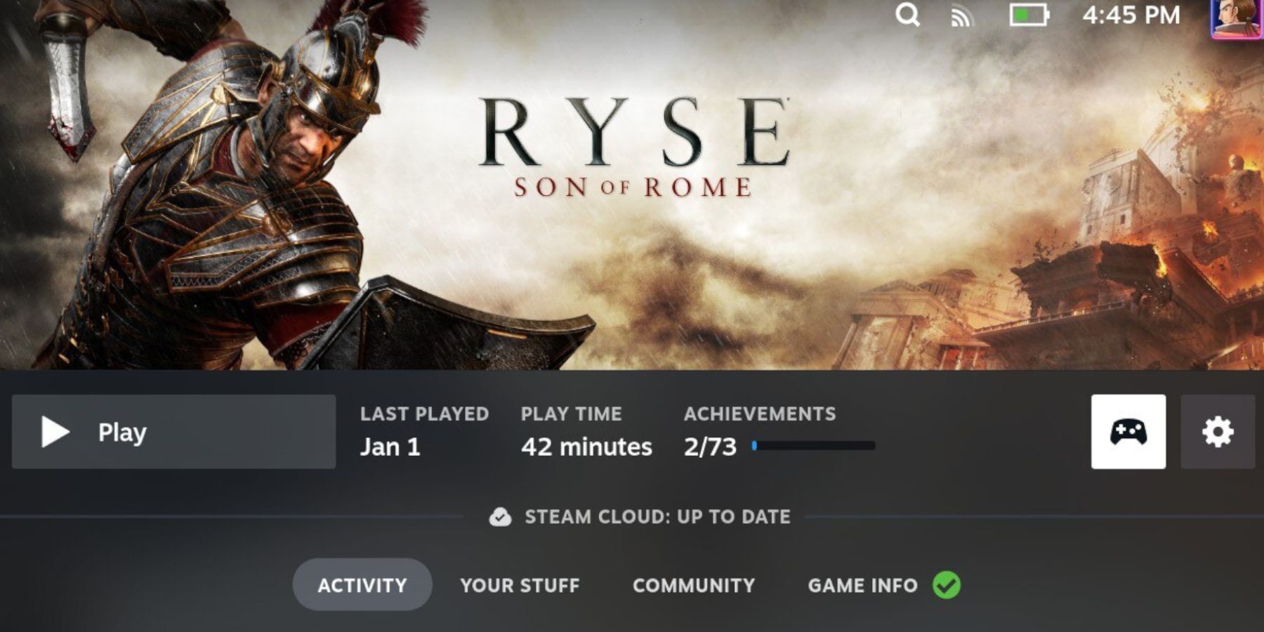 Steam Deck Ryse son of Rome page with controller highlighted
